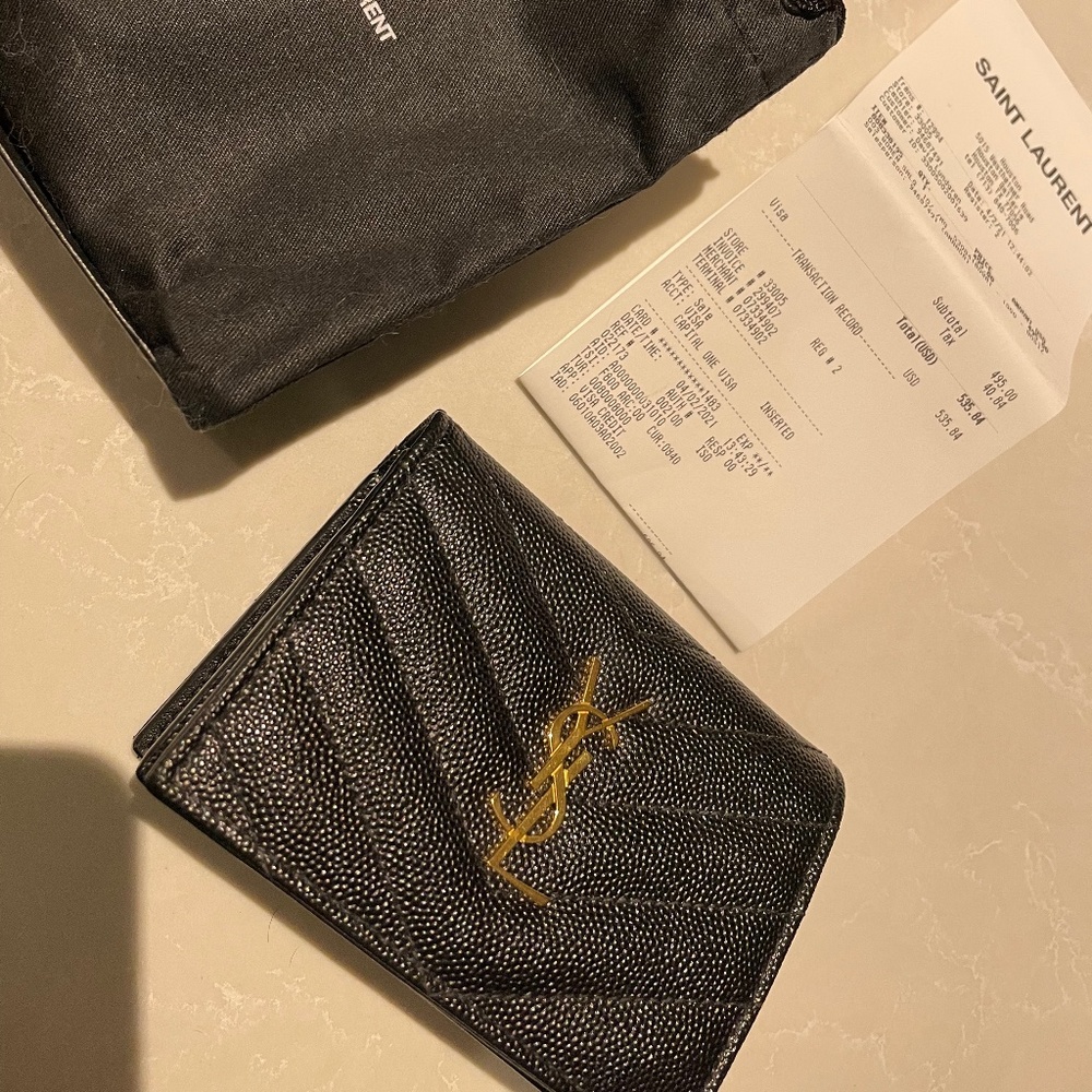 YSL Saint Laurent black cassandre matelasse flap card holder wallet